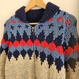 1930s/1940s Navy and Red Patterned Wool Sweater